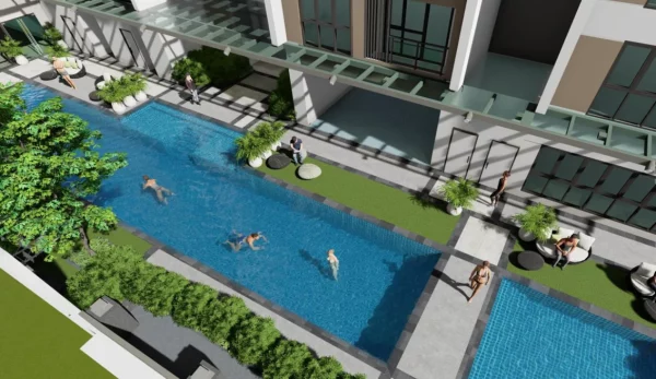 Pool Area & Lounge Aerial - Mergent Residences
